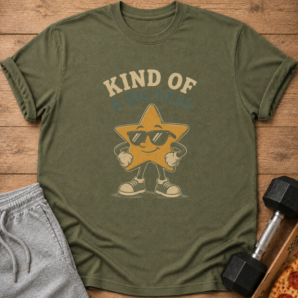 Olive t-shirt with vintage cartoon star wearing sunglasses and text "Kind of A Big Deal".