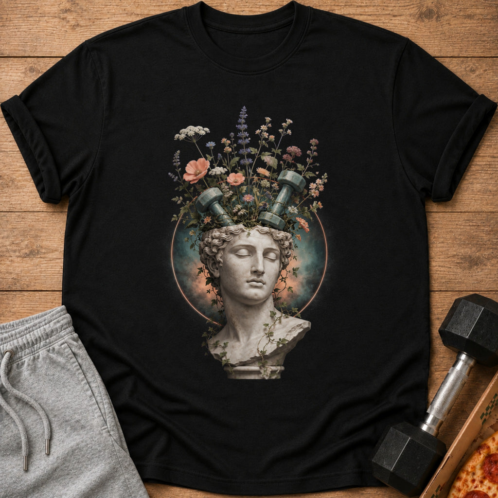 Black t-shirt featuring a marble bust with dumbbells and flowers in its head.
