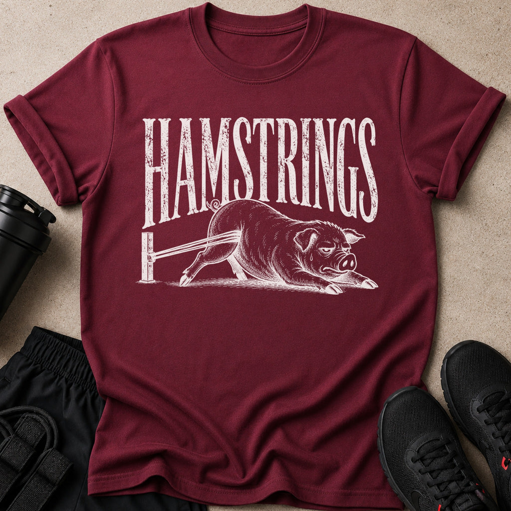 Maroon t-shirt with distressed white text "HAMSTRINGS" and a pig graphic.