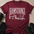 Maroon t-shirt with distressed white text "HAMSTRINGS" and a pig graphic.