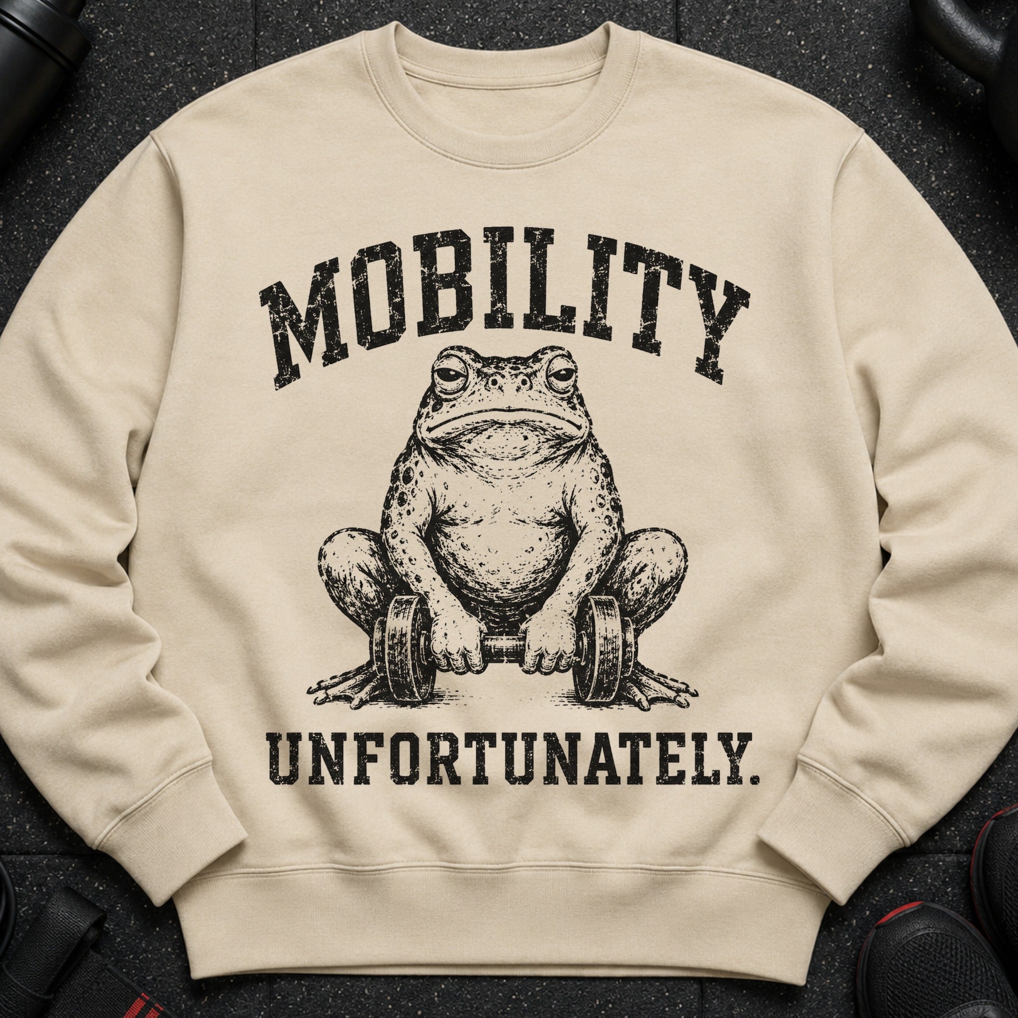 Light beige sweatshirt with distressed graphic of a toad holding a dumbbell and text "MOBILITY UNFORTUNATELY".