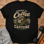 T-shirt with a bear holding coffee and a kettlebell, reading "Powered by Coffee & Regret".