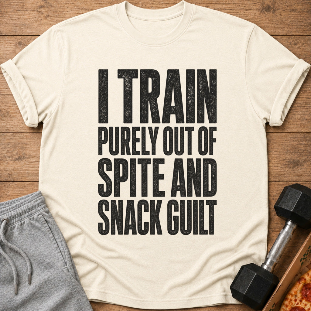 Cream t-shirt with black text: "I TRAIN PURELY OUT OF SPITE AND SNACK GUILT".