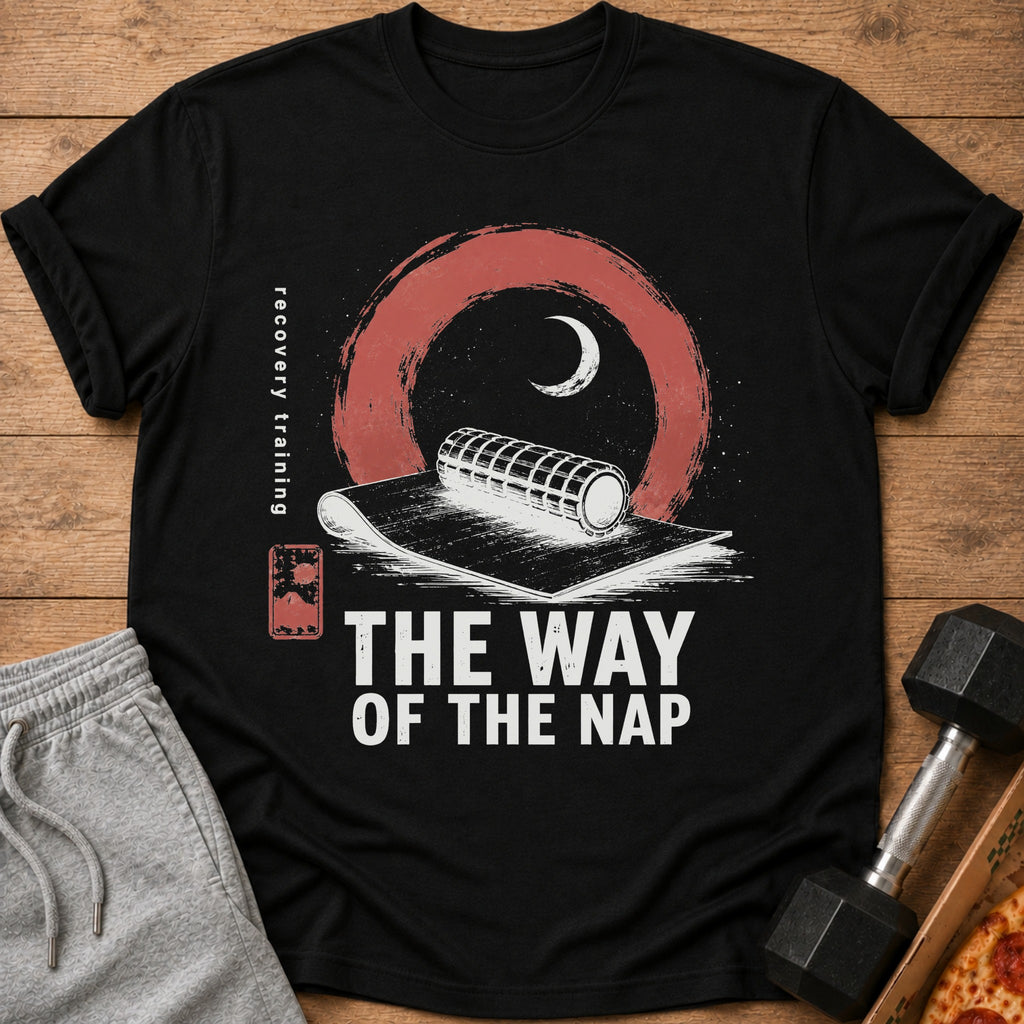Black t-shirt with "The Way Of The Nap" text and a moon and yoga mat graphic.