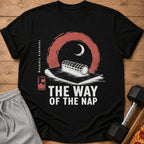 Black t-shirt with "The Way Of The Nap" text and a moon and yoga mat graphic.