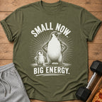 Green t-shirt with penguins and text "SMALL NOW. BIG ENERGY."