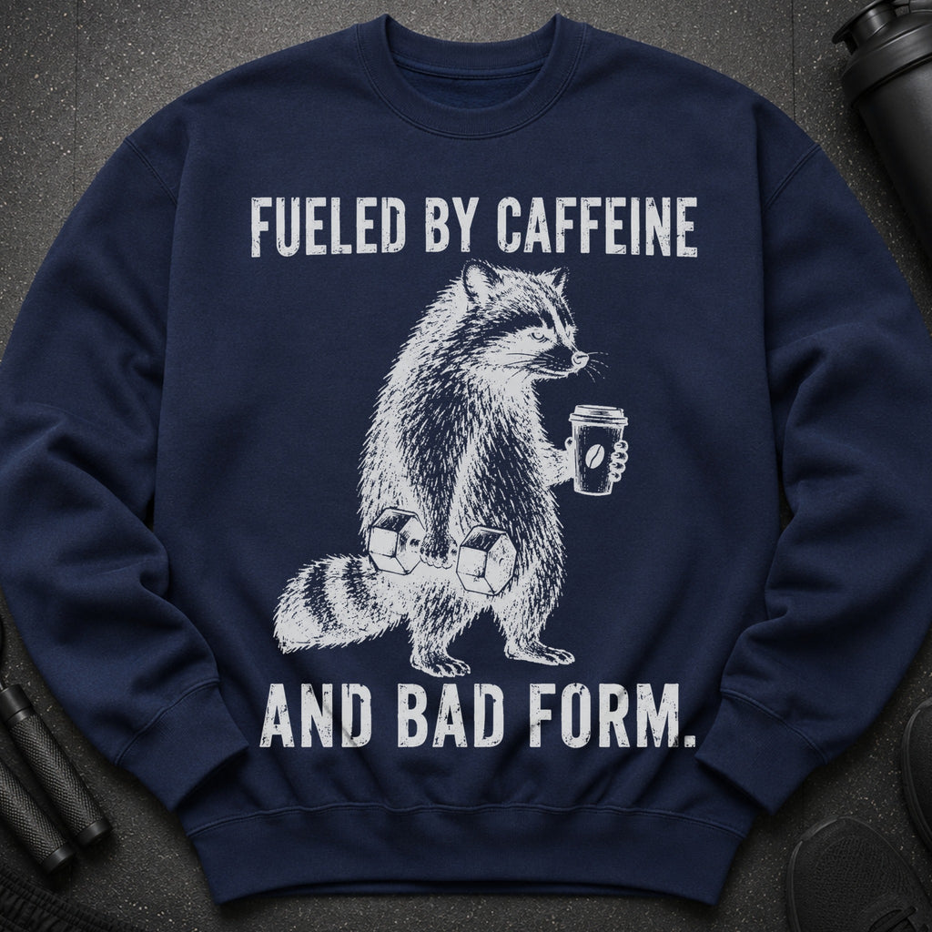 Navy sweatshirt with raccoon graphic and "Fueled by Caffeine And Bad Form" text.