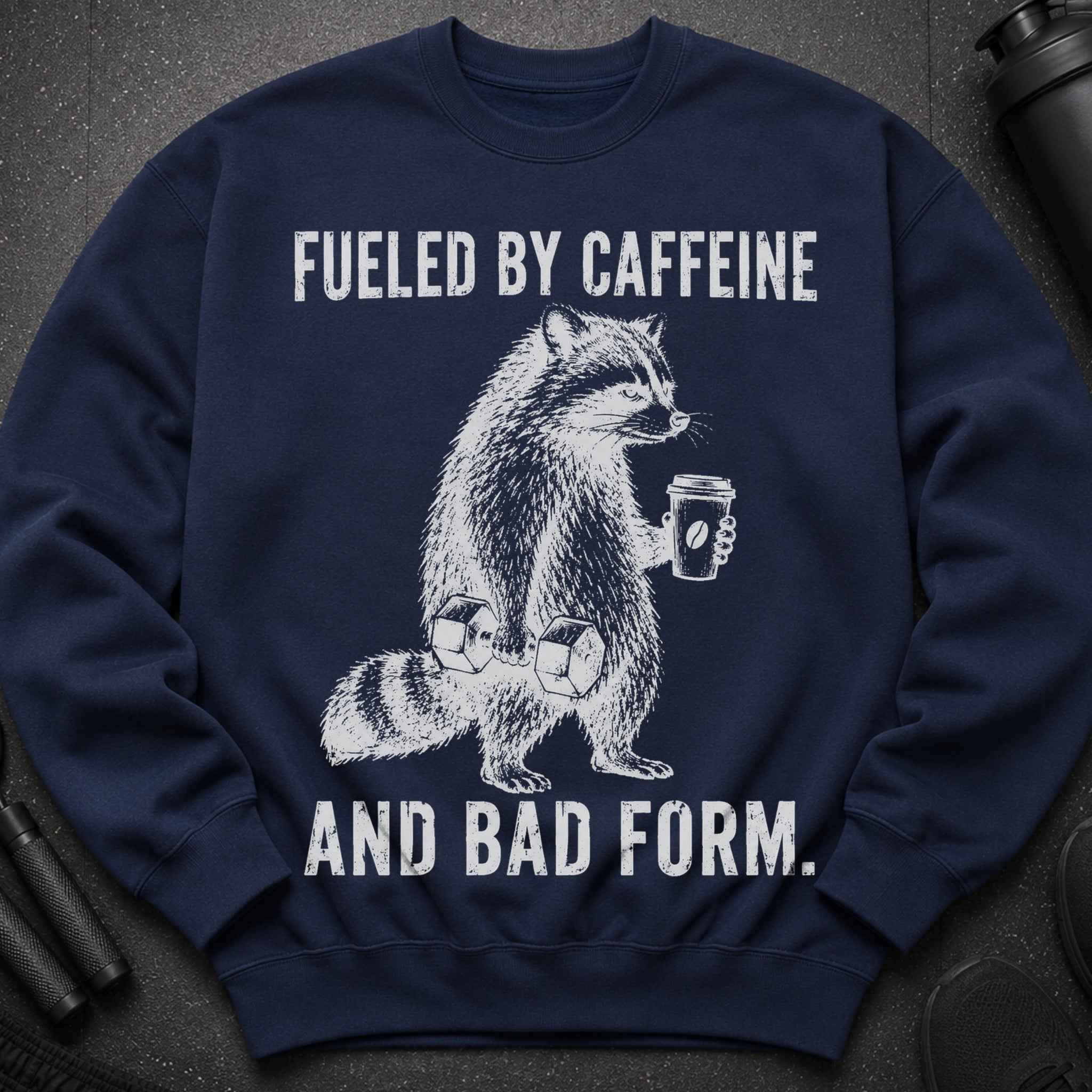 Navy sweatshirt with raccoon graphic and "Fueled by Caffeine And Bad Form" text.