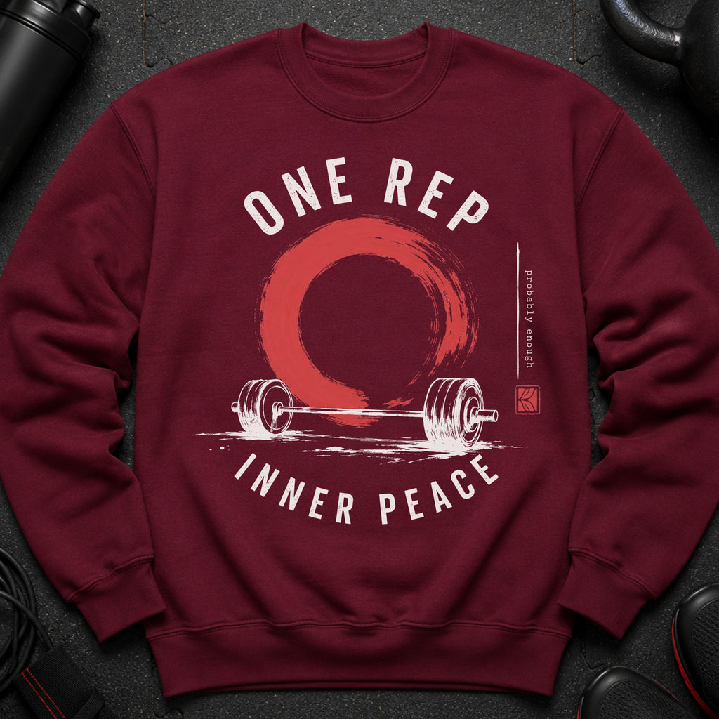 Maroon sweatshirt with "ONE REP INNER PEACE" text, barbell, and zen circle graphic.