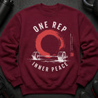 Maroon sweatshirt with "ONE REP INNER PEACE" text, barbell, and zen circle graphic.