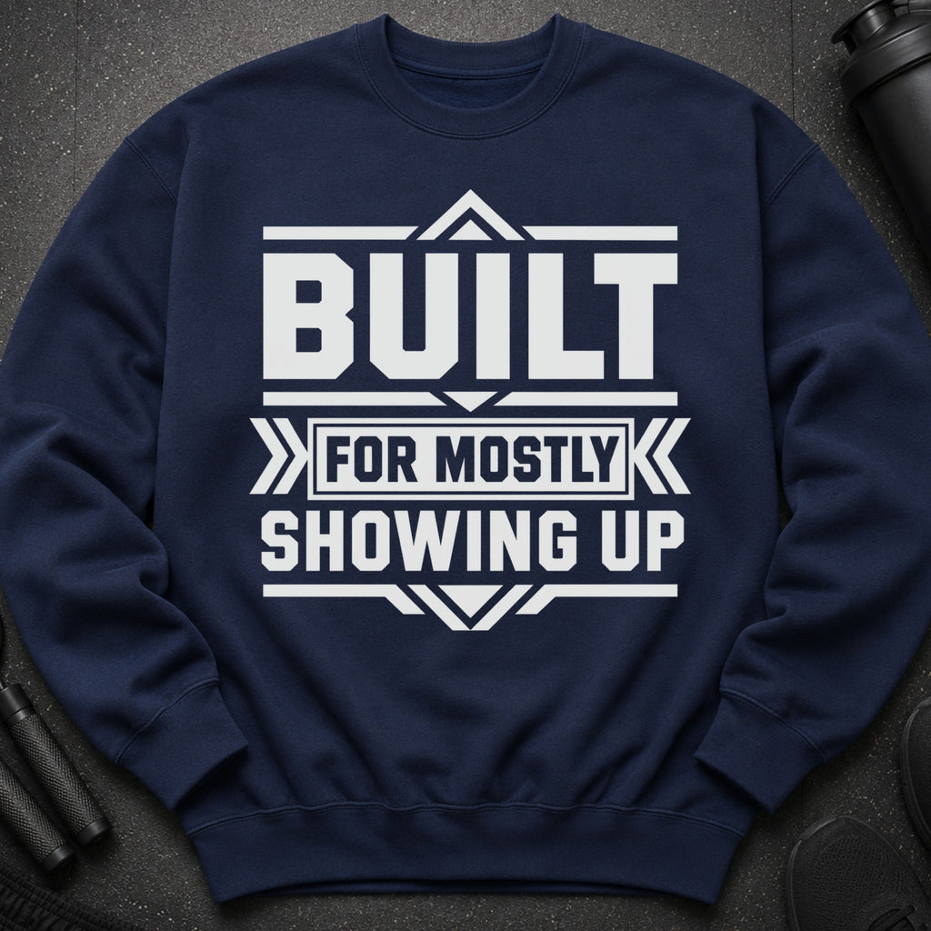 Navy sweatshirt with white text "BUILT FOR MOSTLY SHOWING UP"