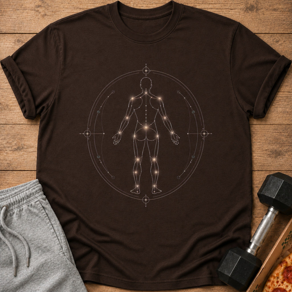 Dark brown t-shirt with a celestial human anatomy graphic inside a circle.