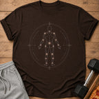 Dark brown t-shirt with a celestial human anatomy graphic inside a circle.