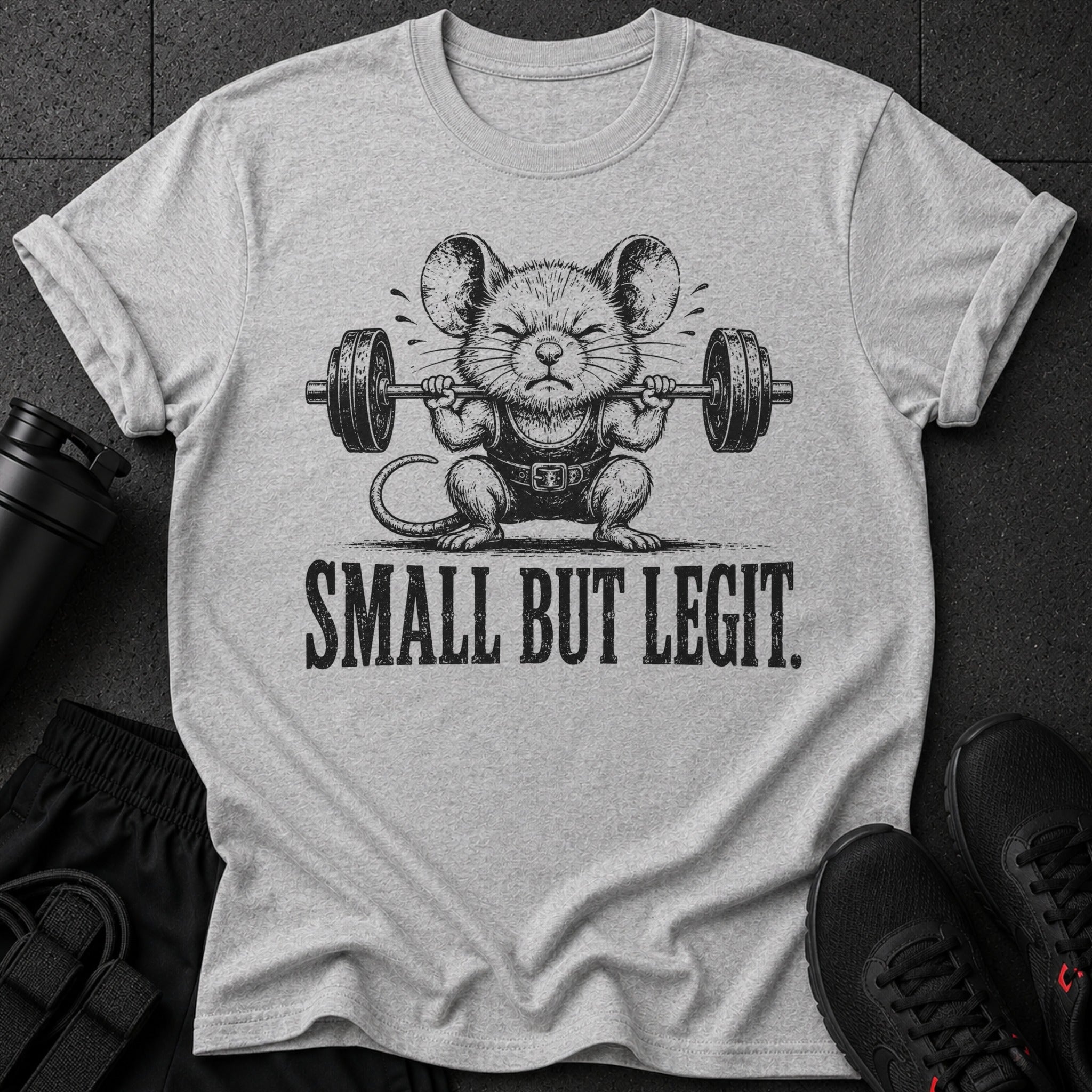 Gray t-shirt with a drawing of a mouse lifting a barbell, text "SMALL BUT LEGIT."