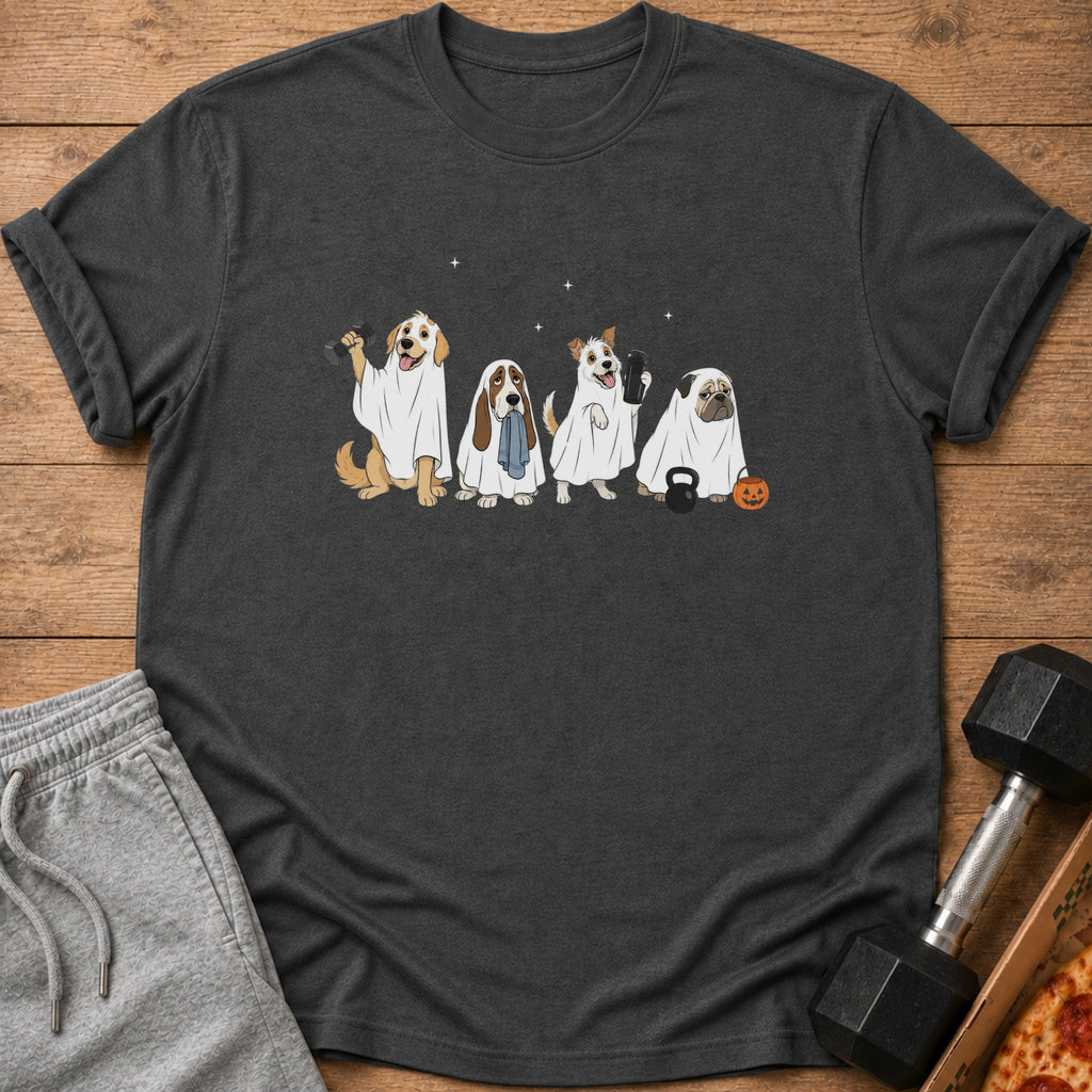 Four dogs in ghost costumes with weights and a pumpkin are printed on a dark t-shirt.