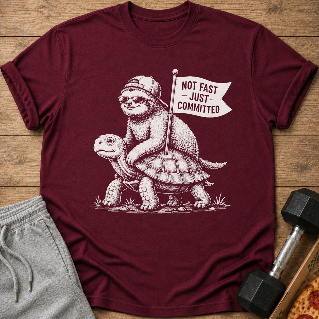 Sloth riding a turtle holding a flag that says "Not Fast - Just Committed".