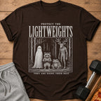 Brown t-shirt with "Protect the Lightweights" and forest creatures design.