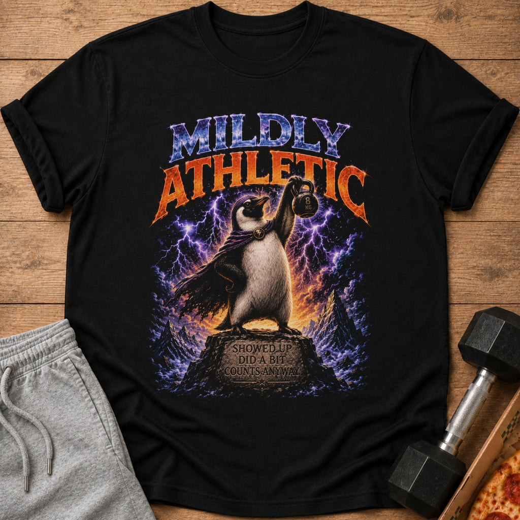 Black t-shirt with penguin holding kettlebell, text: "MILDLY ATHLETIC SHOWED UP DID A BIT COUNTS ANYWAY".