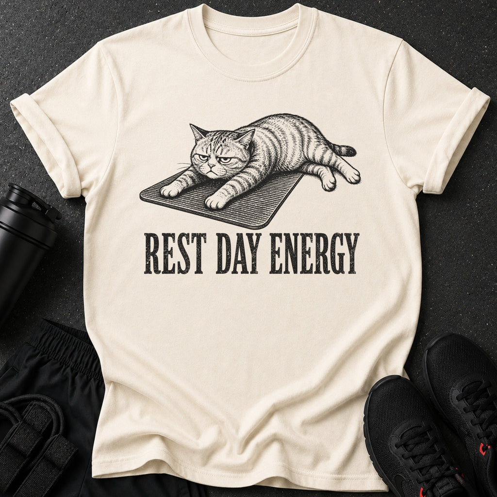 Cream t-shirt with a graphic of a cat and text "REST DAY ENERGY".