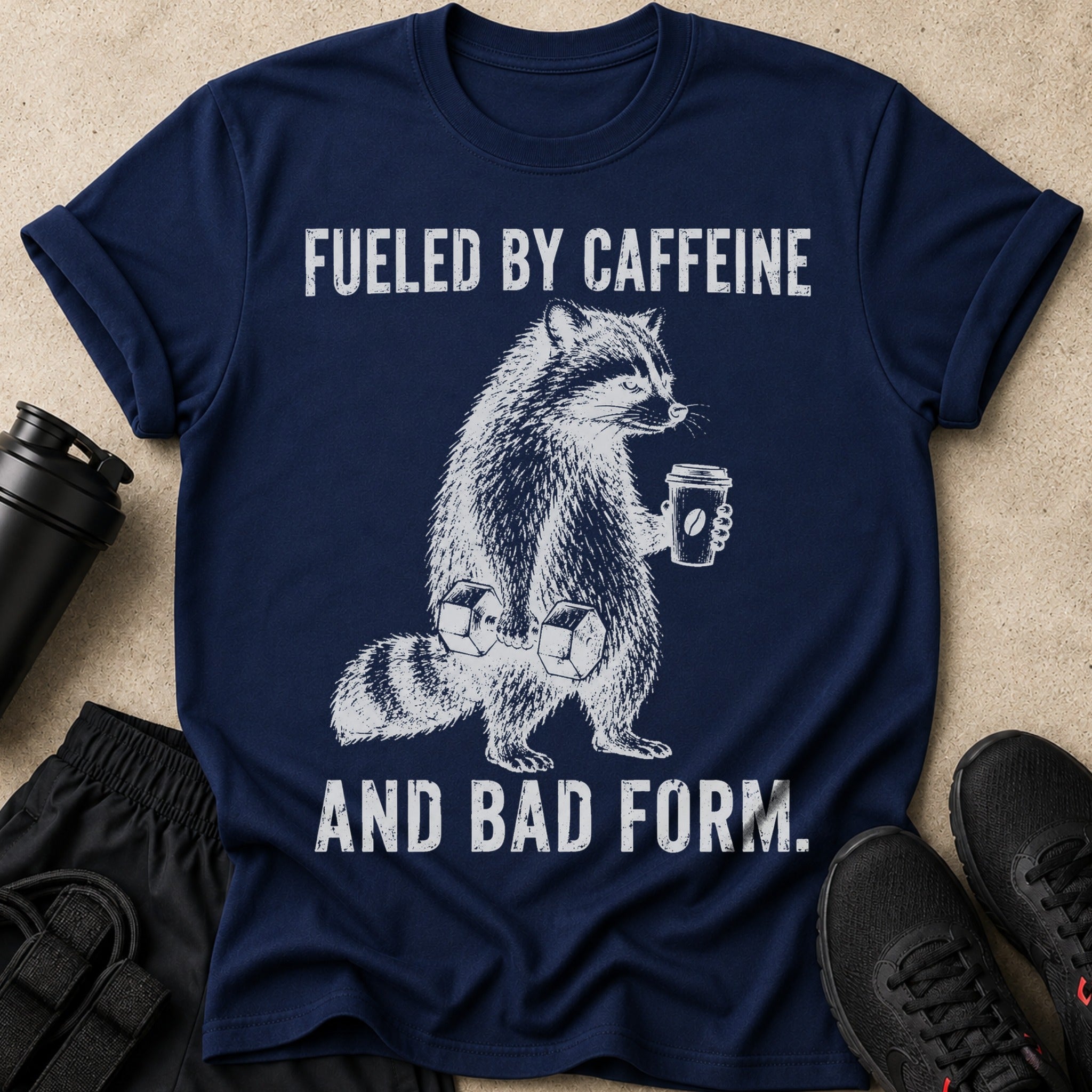 Navy t-shirt with a raccoon lifting weights, holding coffee, and text "Fueled by Caffeine And Bad Form."