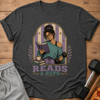Woman reading book holding dumbbell with text "READS & REPS"