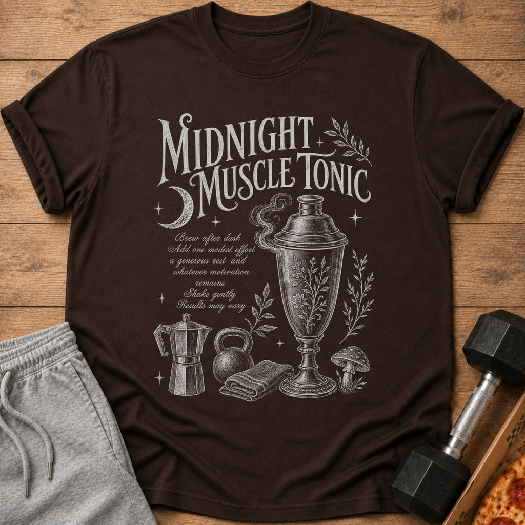 Brown t-shirt with "Midnight Muscle Tonic" text and gym/potion graphics.