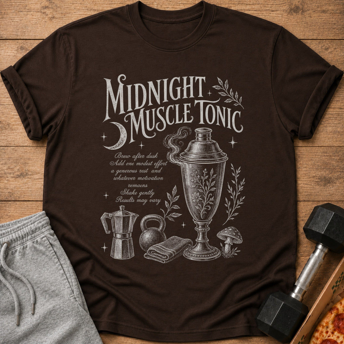 Brown t-shirt with "Midnight Muscle Tonic" text and gym/potion graphics.