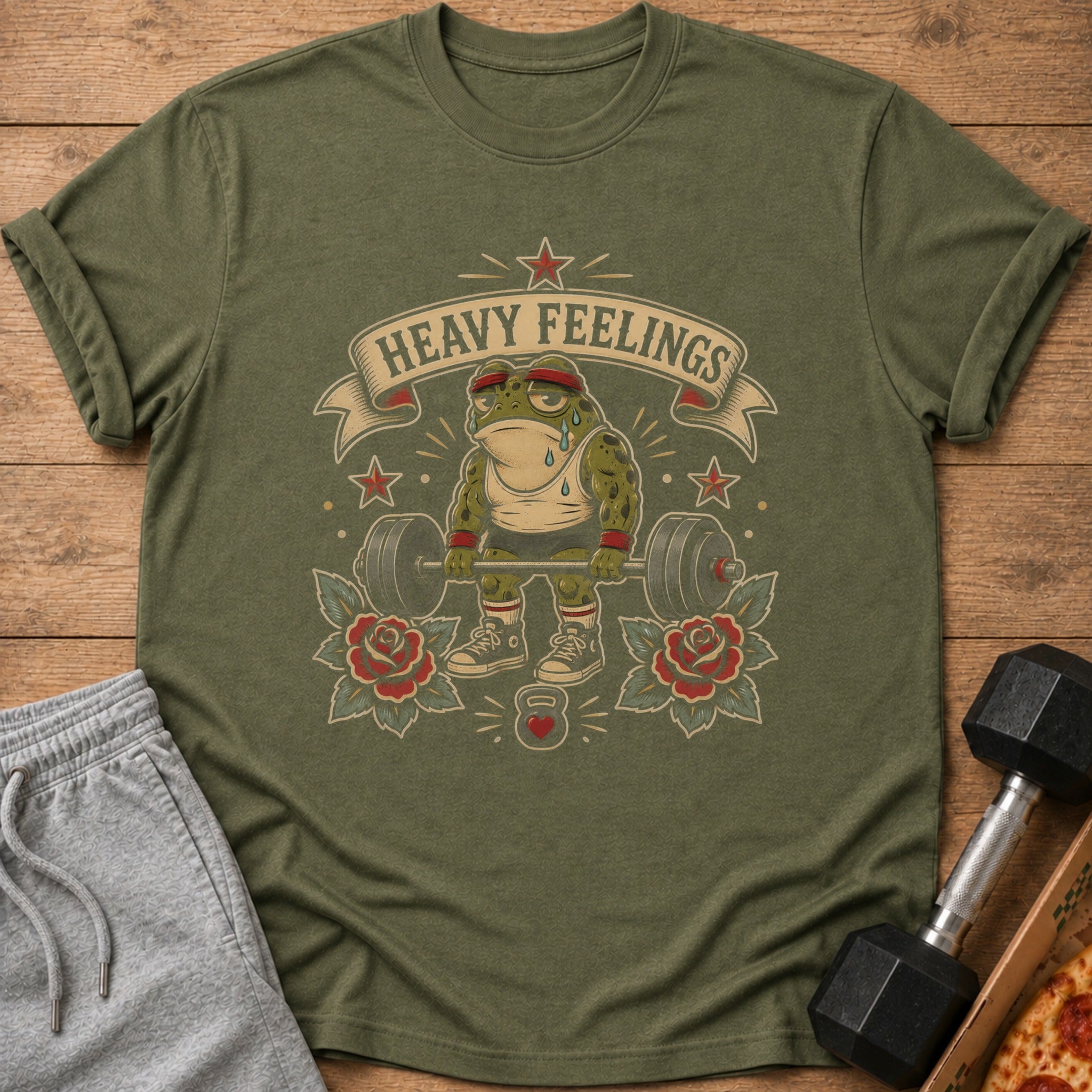 Green t-shirt with cartoon frog lifting barbell, text "HEAVY FEELINGS", and roses.