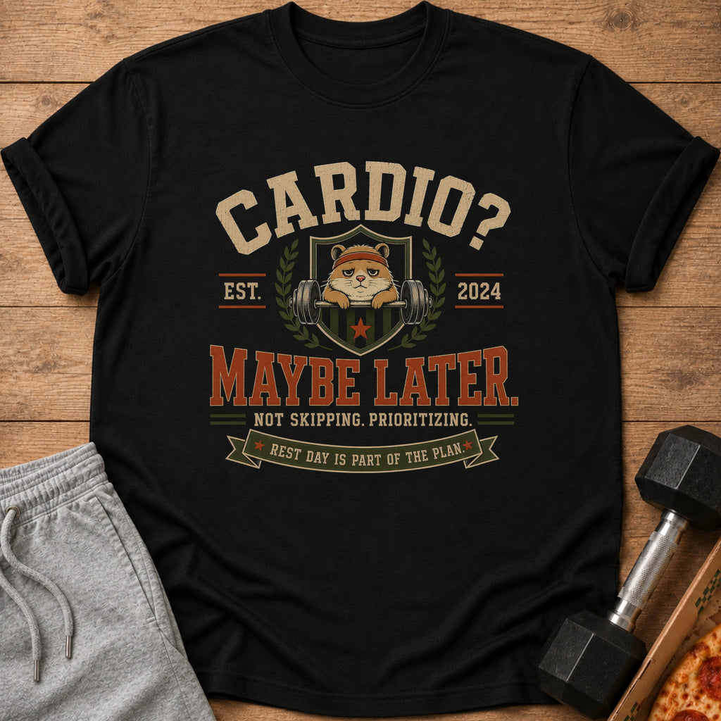 Black t-shirt with "CARDIO? MAYBE LATER" text, a hamster, and weights.
