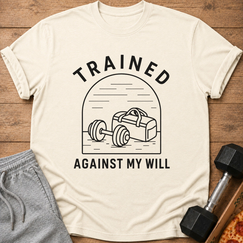 Cream t-shirt with black text and graphic of a dumbbell and gym bag.