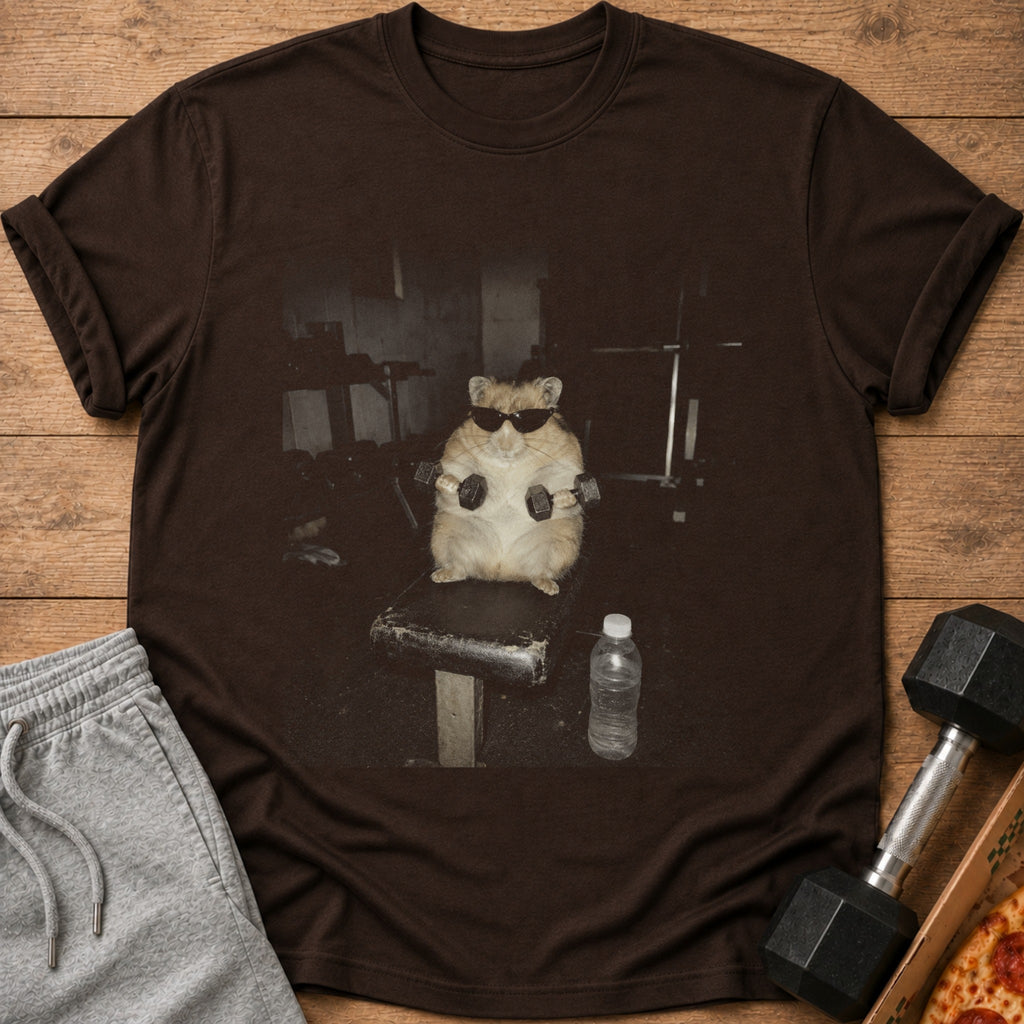Hamster wearing sunglasses lifts dumbbells on a bench in a gym.