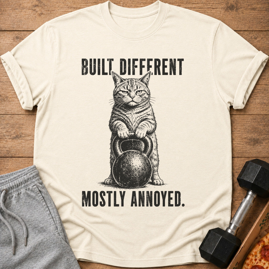 Shirt with black graphic of a cat holding a kettlebell and text: "BUILT DIFFERENT. MOSTLY ANNOYED."