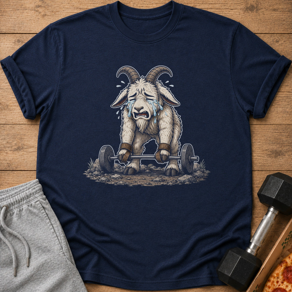 Crying goat struggling with a barbell on a dark blue t-shirt.