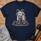 Crying goat struggling with a barbell on a dark blue t-shirt.