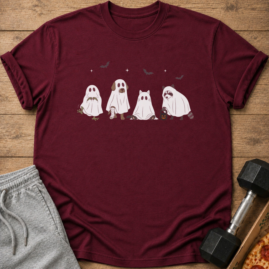 Maroon t-shirt with a graphic of four animals dressed as ghosts and bats.