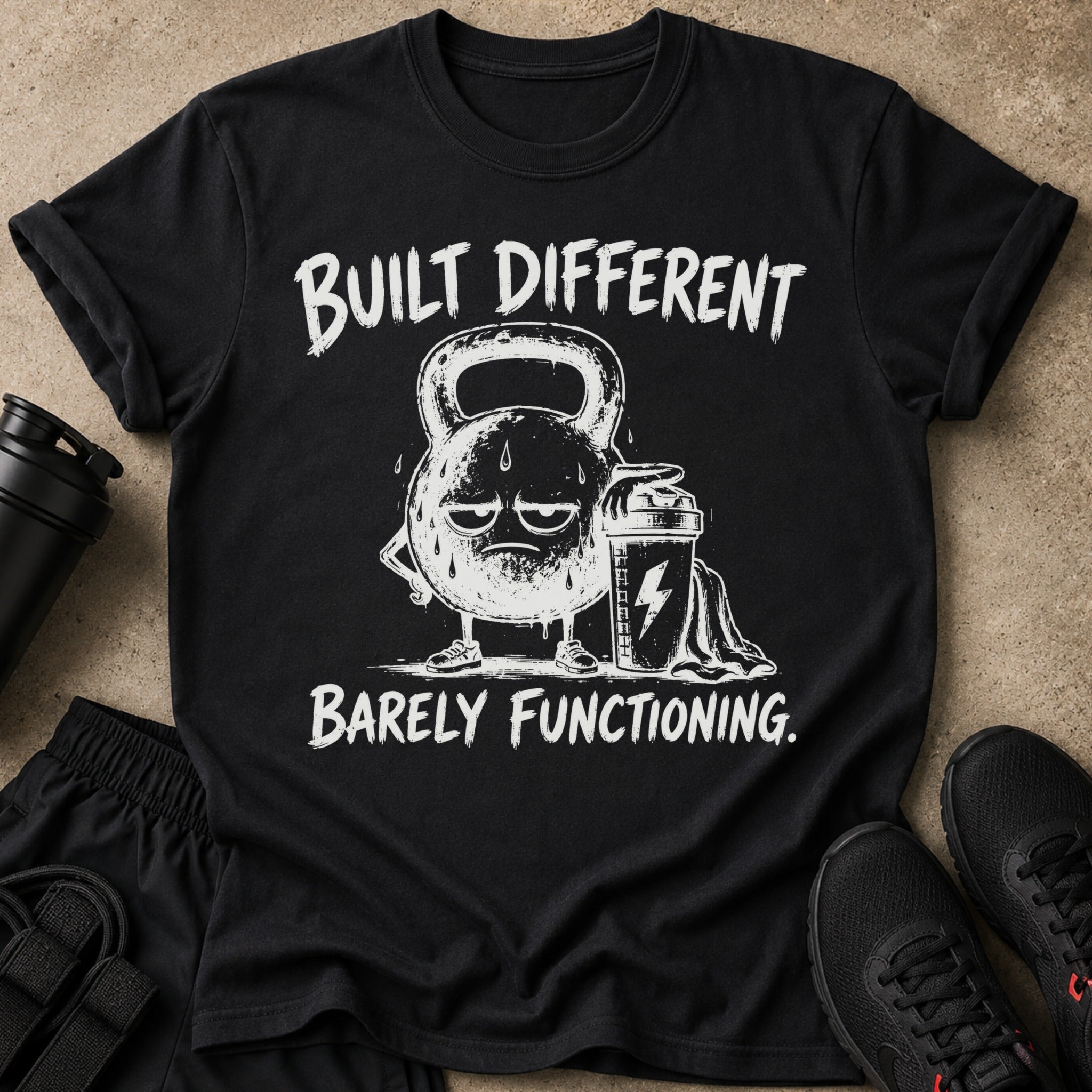 Black t-shirt with distressed white text and cartoon kettlebell.