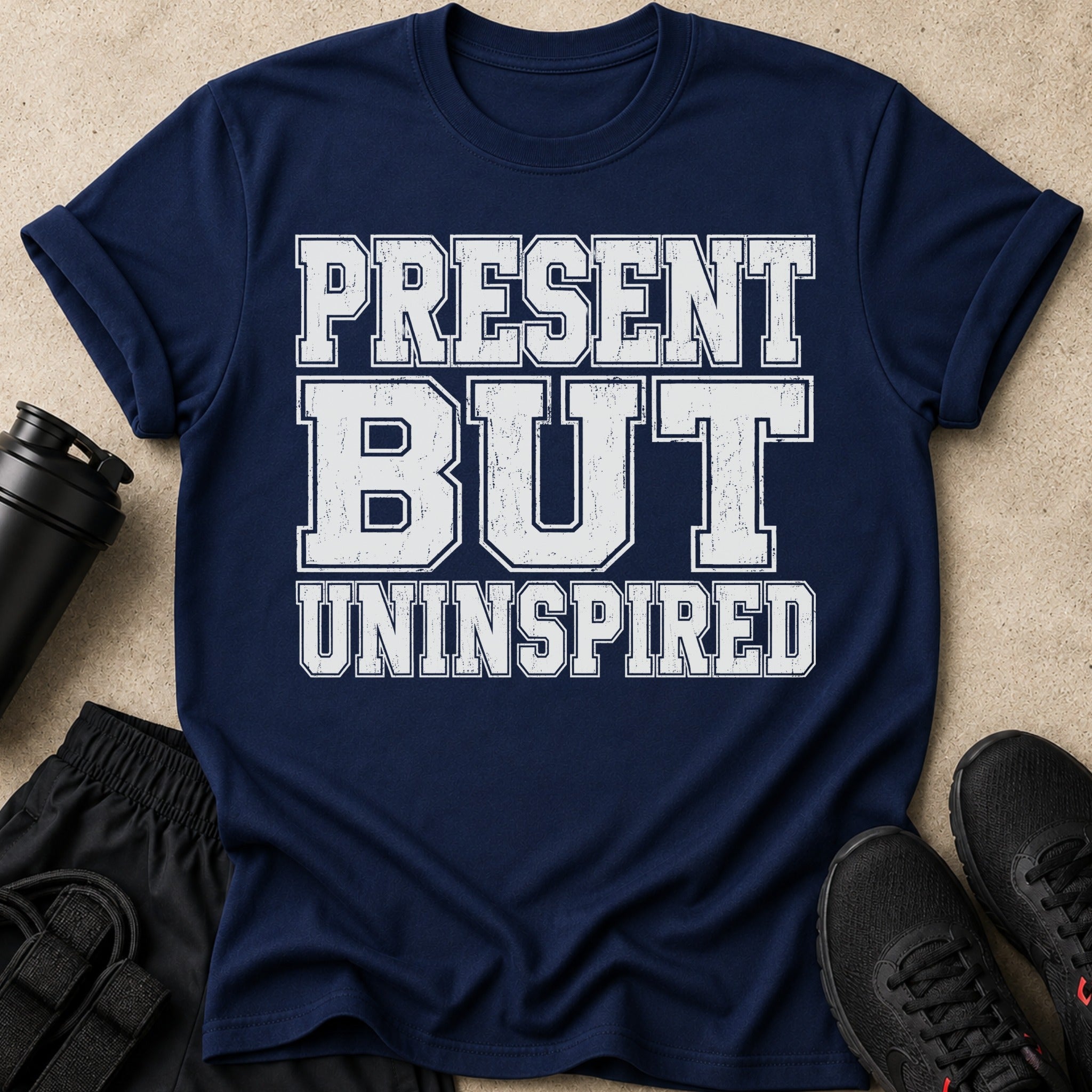 Navy t-shirt with white distressed text reading "PRESENT BUT UNINSPIRED".