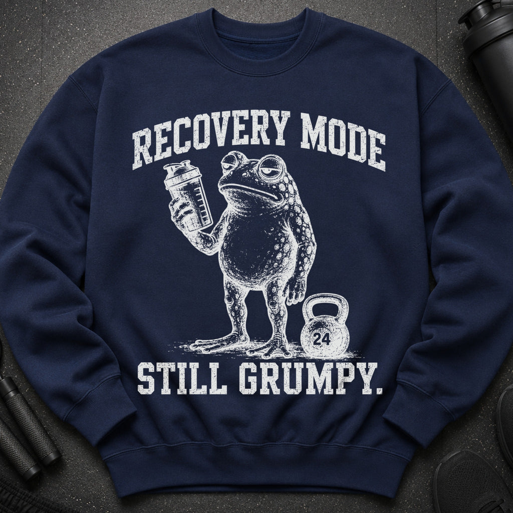 Navy sweatshirt with a grumpy toad holding a shaker and "RECOVERY MODE STILL GRUMPY" text.