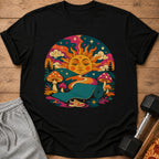 Black t-shirt with trippy sun, mushrooms, yoga mat, and sneaker graphic.