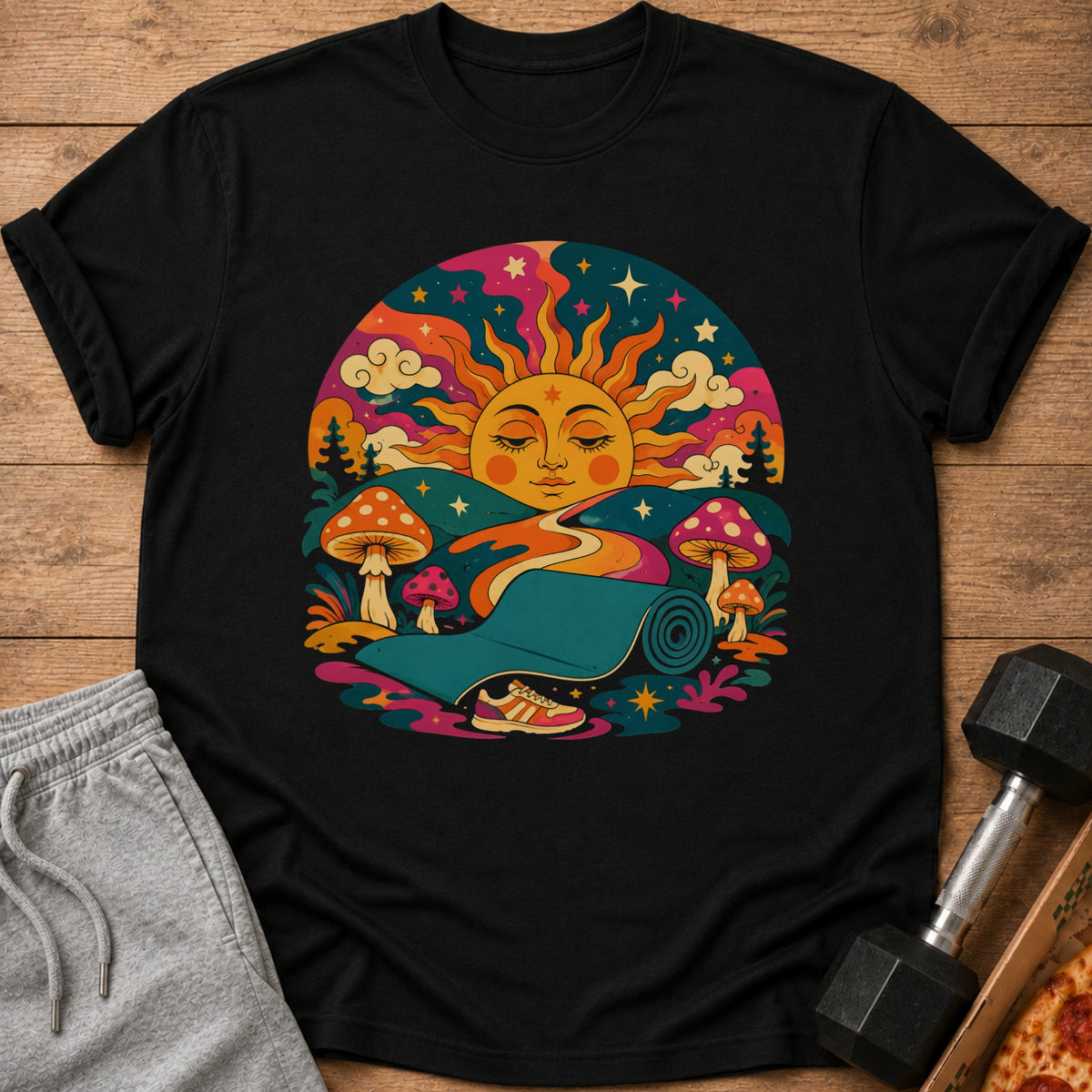 Black t-shirt with trippy sun, mushrooms, yoga mat, and sneaker graphic.