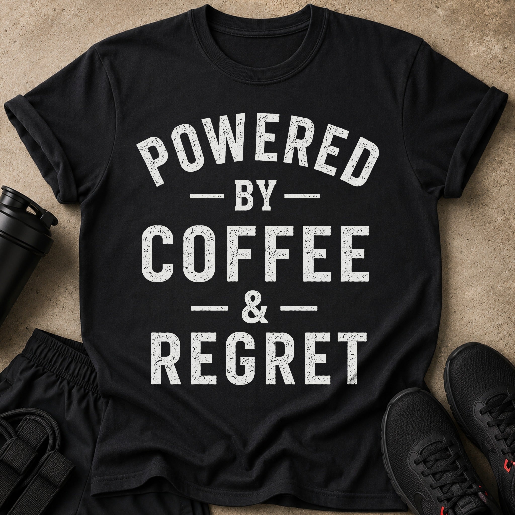 Black t-shirt with white text "POWERED BY COFFEE & REGRET".
