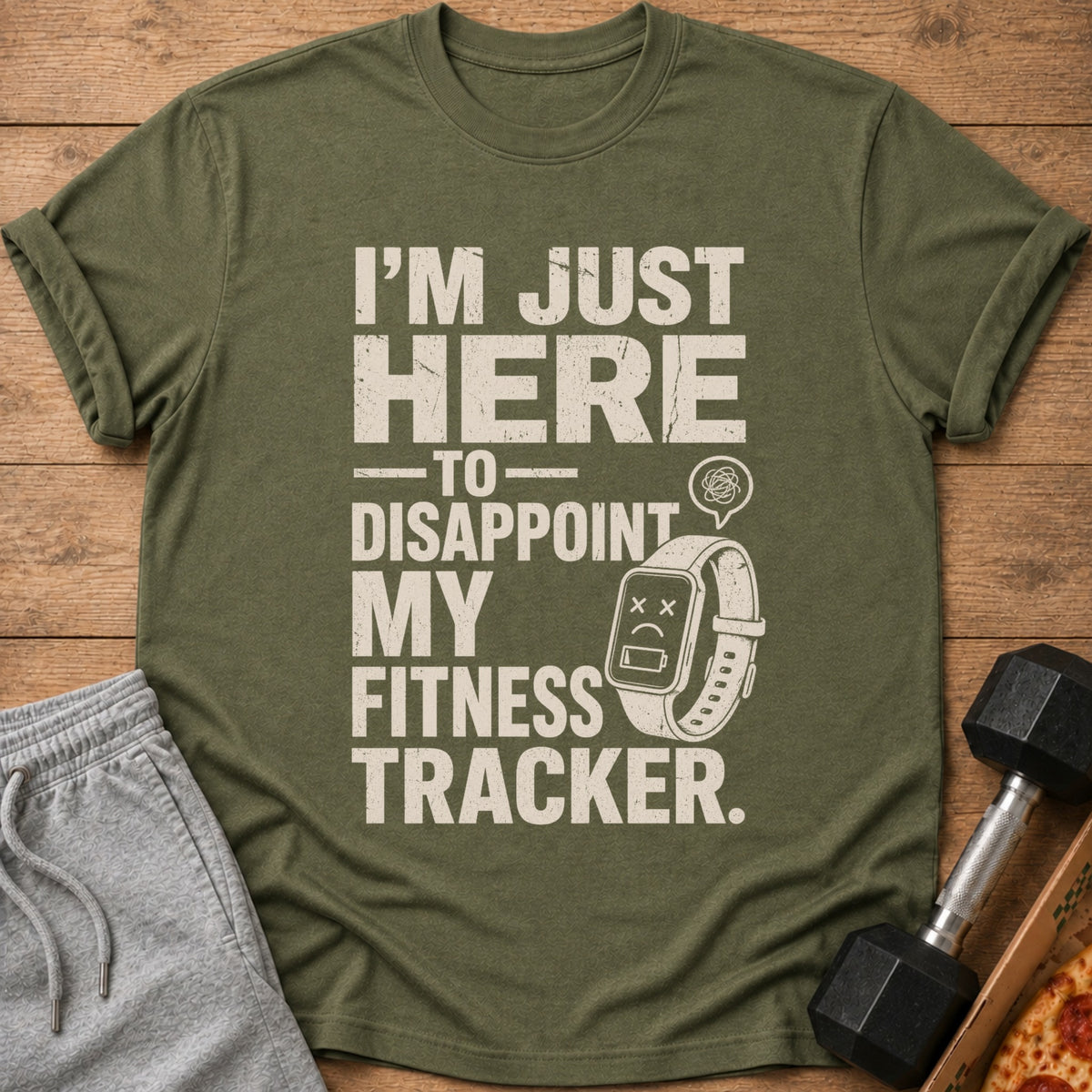 Green t-shirt with text "I'M JUST HERE TO DISAPPOINT MY FITNESS TRACKER."