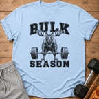 Light blue t-shirt with a distressed graphic of a moose lifting a barbell, reading "BULK SEASON".