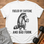 White t-shirt with raccoon graphic, text "FUELED BY CAFFEINE AND BAD FORM."