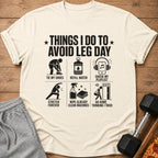 T-shirt with text "Things I Do To Avoid Leg Day" and illustrative icons.