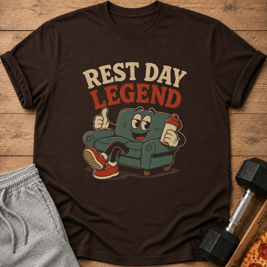 Brown t-shirt with "REST DAY LEGEND" text and cartoon couch character holding shaker bottle.