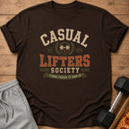 Brown t-shirt with "Casual Lifters Society" and barbell graphic.