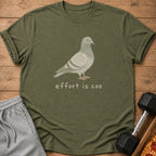 Green t-shirt with a pigeon graphic and text "effort is coo".