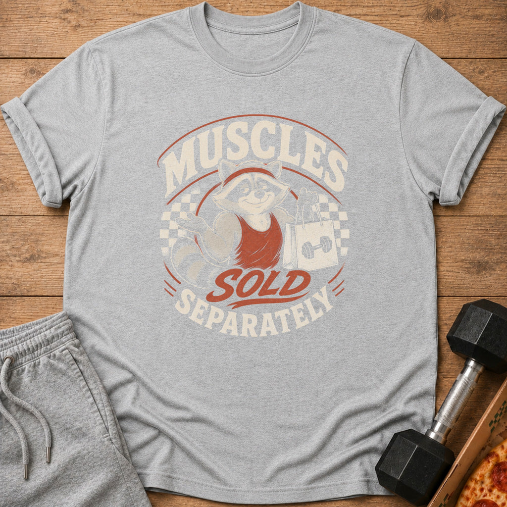 Graphic of raccoon in gym clothes holding a shopping bag with text: Muscles Sold Separately.