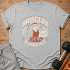 Graphic of raccoon in gym clothes holding a shopping bag with text: Muscles Sold Separately.